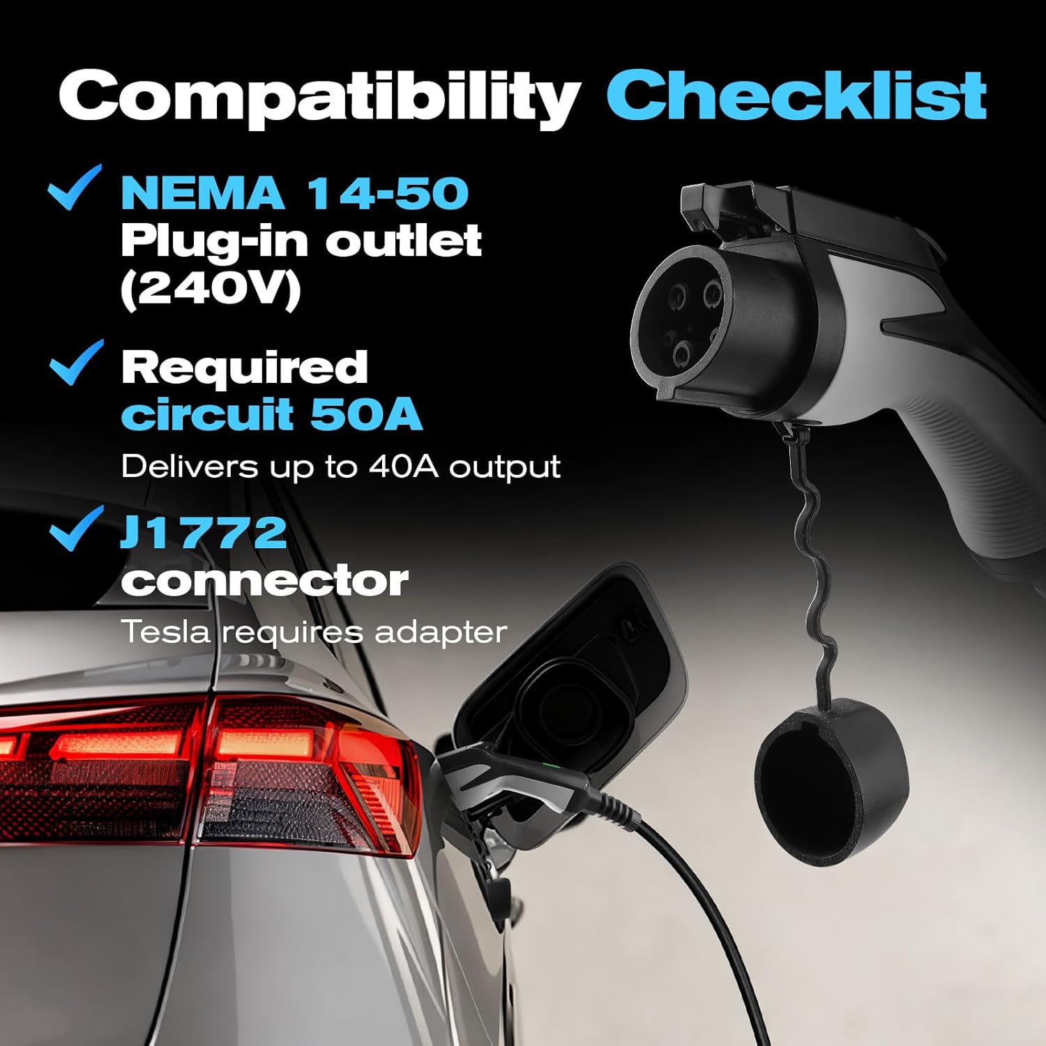 Level 2 EV Charger, 40A 240V 9.6kW Home Charging Station, NEMA 14-50 Plug, J1772 25' Cable Fast Wallbox